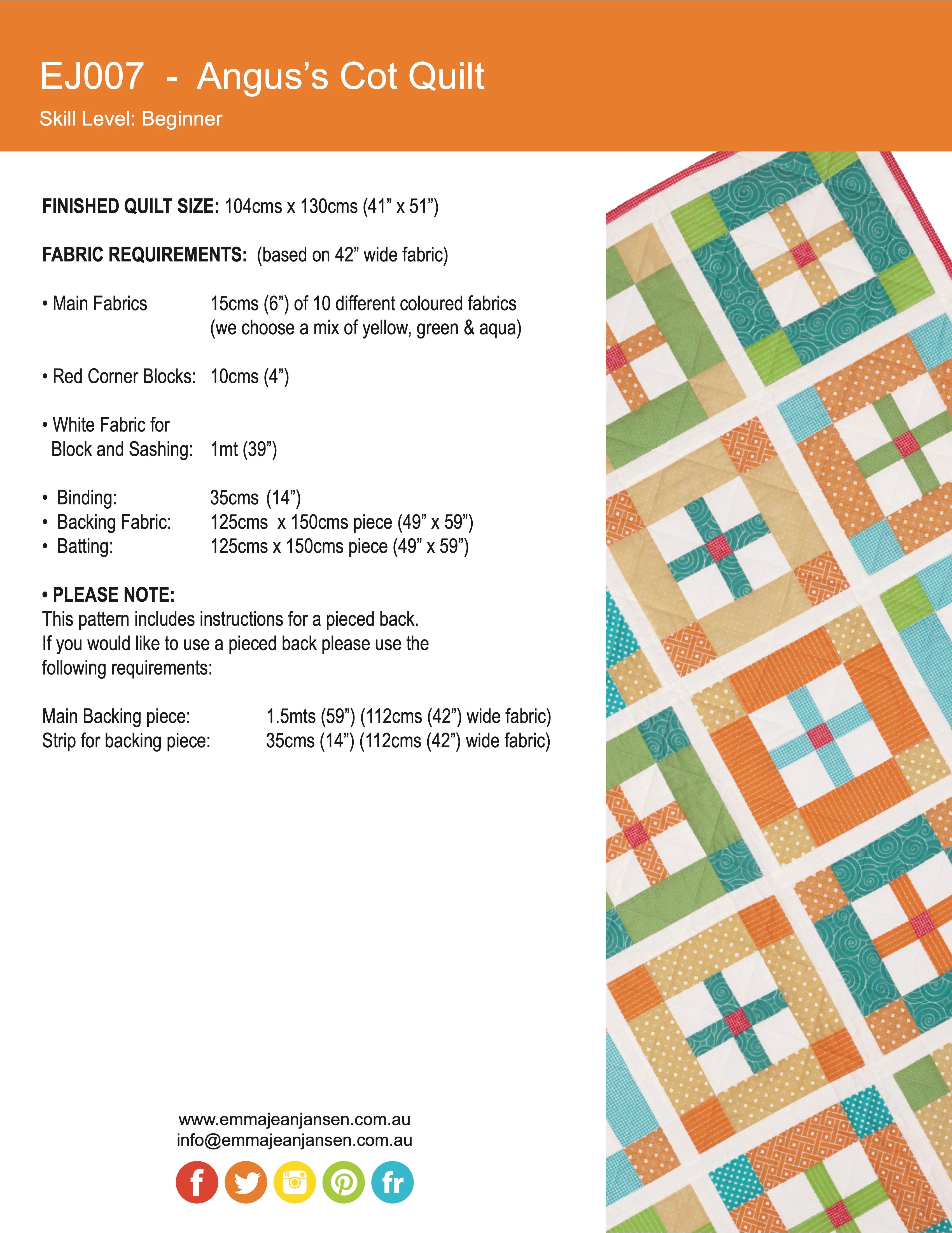Angus's Cot Quilt Pattern - PDF